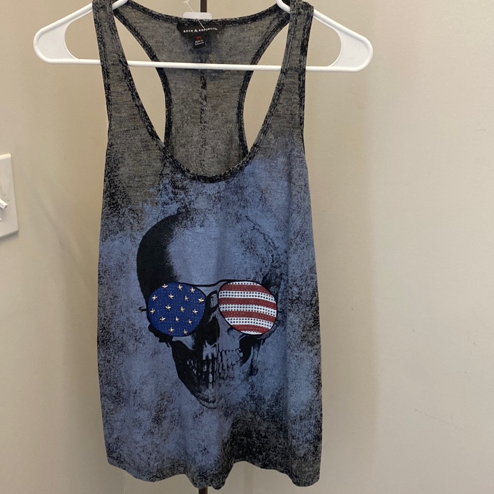 Rock & Republic Patriotic Skull Sunglasses Racerback Tank Top Smoke Gray XS